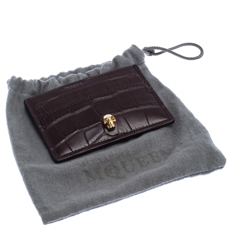 Pre Owned Alexander McQueen Dark Burgundy Crocodile Embossed Leather Skull Card Holder