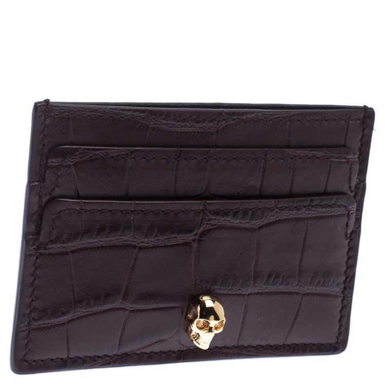 Pre Owned Alexander McQueen Dark Burgundy Crocodile Embossed Leather Skull Card Holder