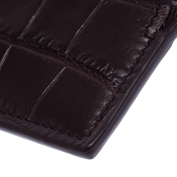 Pre Owned Alexander McQueen Dark Burgundy Crocodile Embossed Leather Skull Card Holder