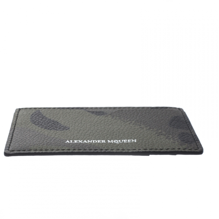 Pre Owned Alexander McQueen Green Camo Dancing Skeleton Leather Card Holder