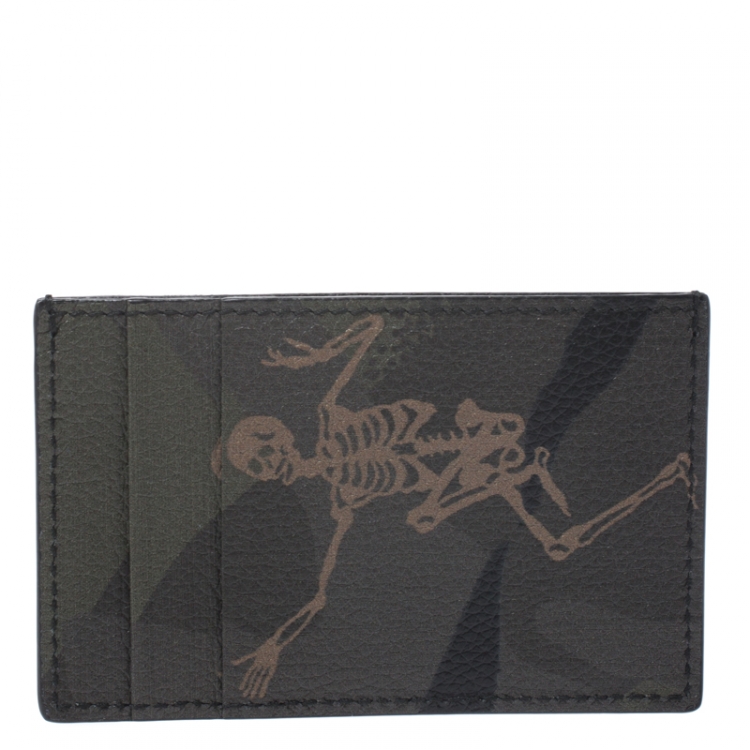 Pre Owned Alexander McQueen Green Camo Dancing Skeleton Leather Card Holder