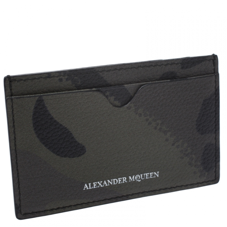 Pre Owned Alexander McQueen Green Camo Dancing Skeleton Leather Card Holder