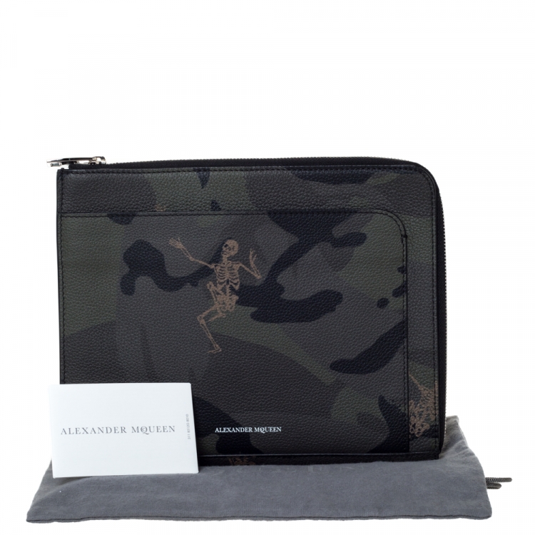 Pre Owned Alexander McQueen Green Camouflage Leather Dancing Skeleton Pouch