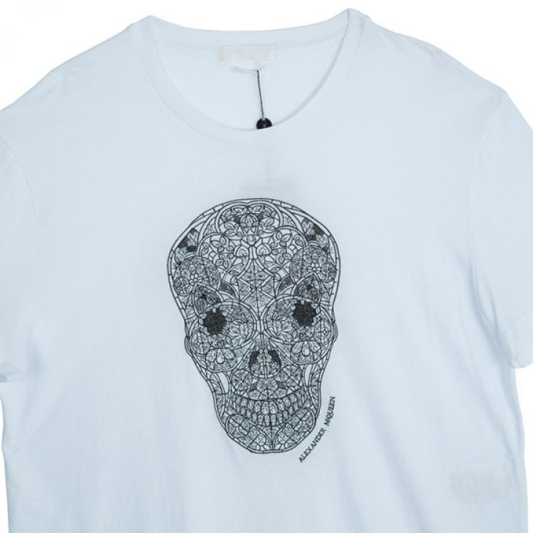 Pre Owned Alexander McQueen Men's White Embroidered Skull T-shirt L