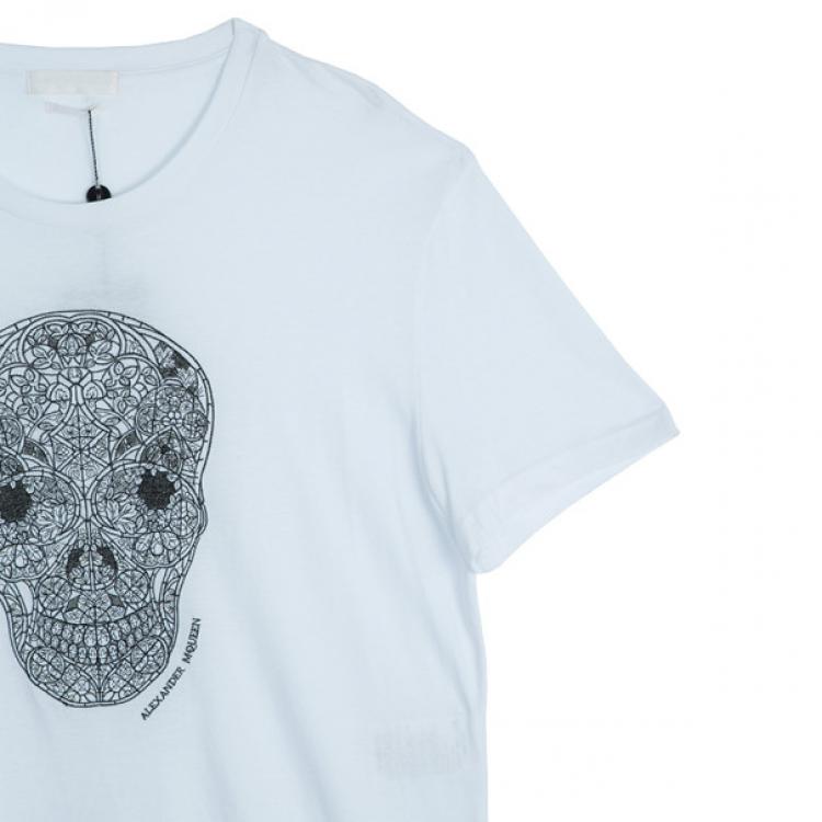 Pre Owned Alexander McQueen Men's White Embroidered Skull T-shirt L