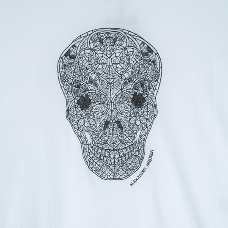 Pre Owned Alexander McQueen Men's White Embroidered Skull T-shirt L