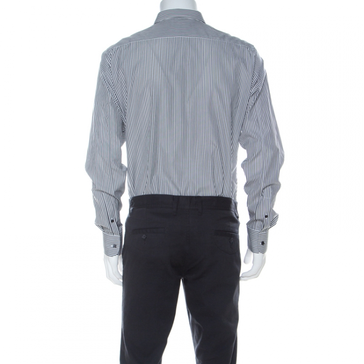 مملوكة مسبقًا Alexander McQueen Black & White Striped Cotton Rib Cage Stitch Full Sleeve Shirt XL