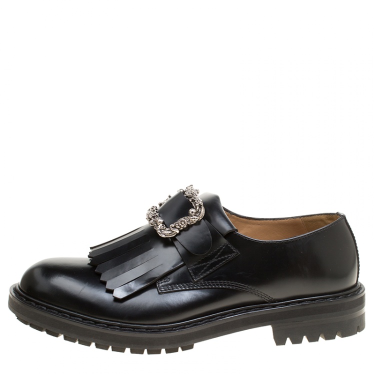 Pre Owned Alexander McQueen Black Leather Buckle Fringe Detail Brogues Size 44