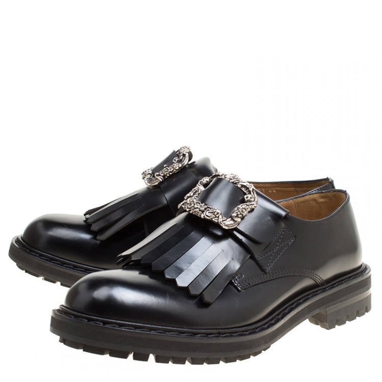 Pre Owned Alexander McQueen Black Leather Buckle Fringe Detail Brogues Size 44