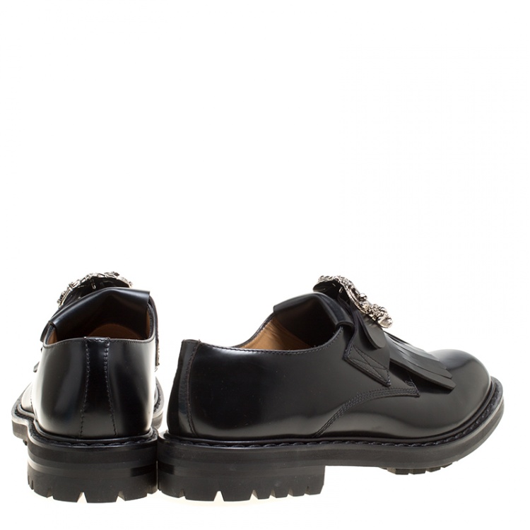 Pre Owned Alexander McQueen Black Leather Buckle Fringe Detail Brogues Size 44