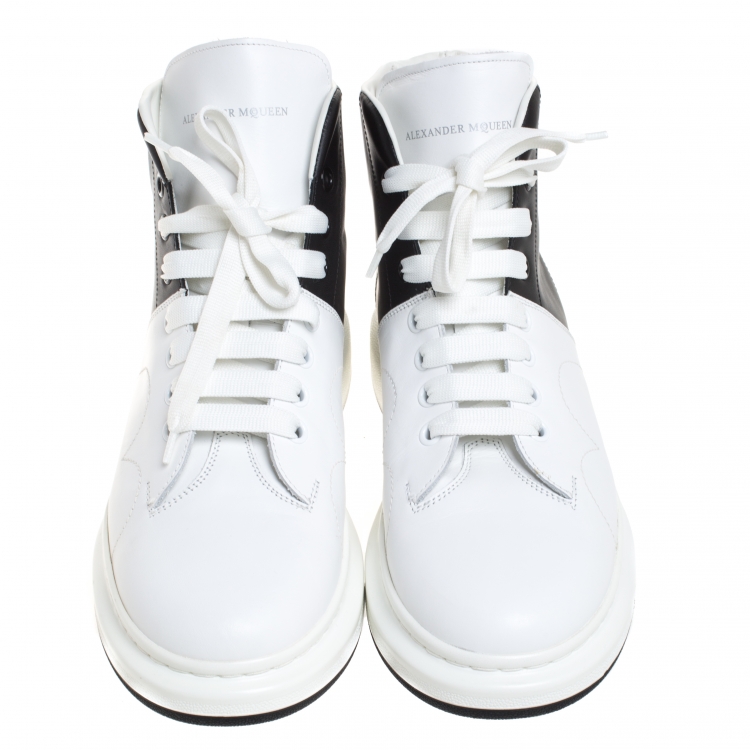 Pre Owned Alexander McQueen White/Black Leather Lace Up High Top Sneakers Size 45