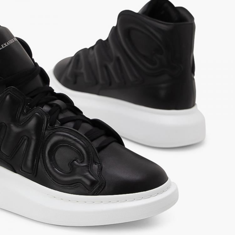 Pre Owned Alexander McQueen Black Leather Maxi Logo High-Top Sneakers Size EU 45