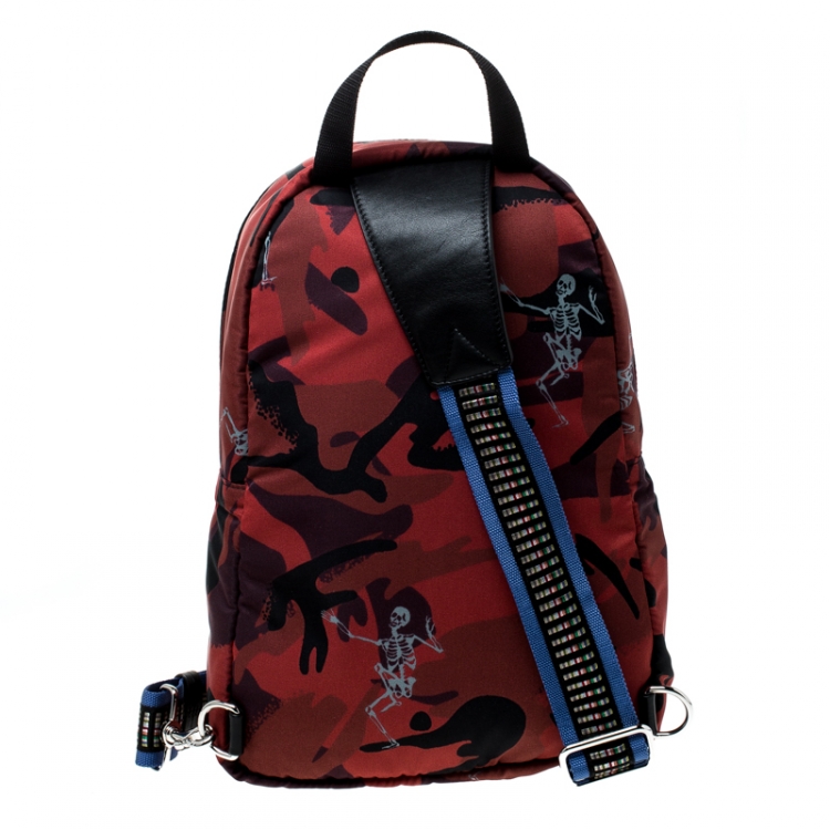 Pre Owned Alexander McQueen Red Camo Nylon Dancing Skeleton Backpack
