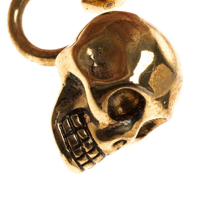 Pre Owned Alexander McQueen Gold Tone Skull & Silver Tone Black Drop Set of 2 Earrings 