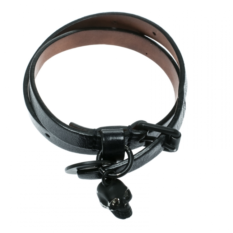 Pre Owned Alexander McQueen Skull Charm Black Leather Double Wrap Bracelet