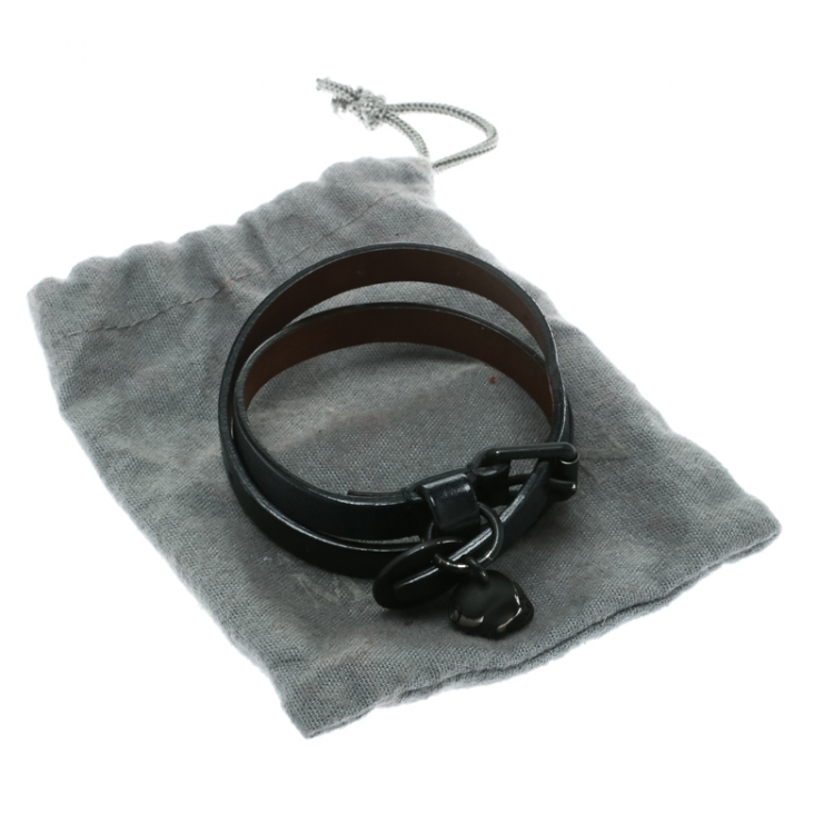 Pre Owned Alexander McQueen Skull Charm Black Leather Double Wrap Bracelet