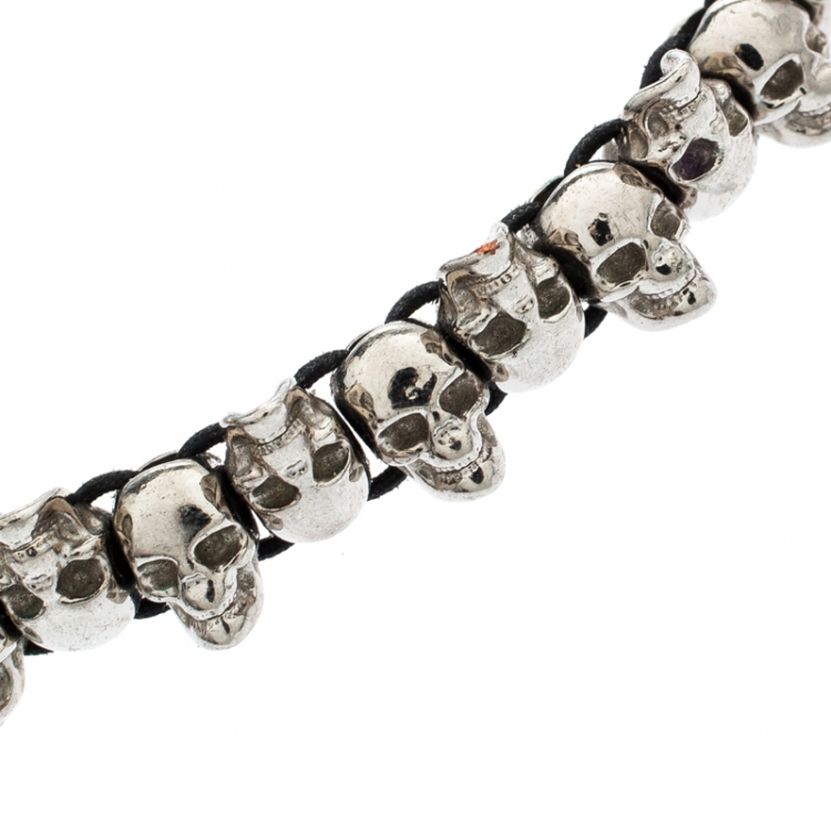 Pre Owned Alexander McQueen Multiskull Silver Tone Cord Bracelet