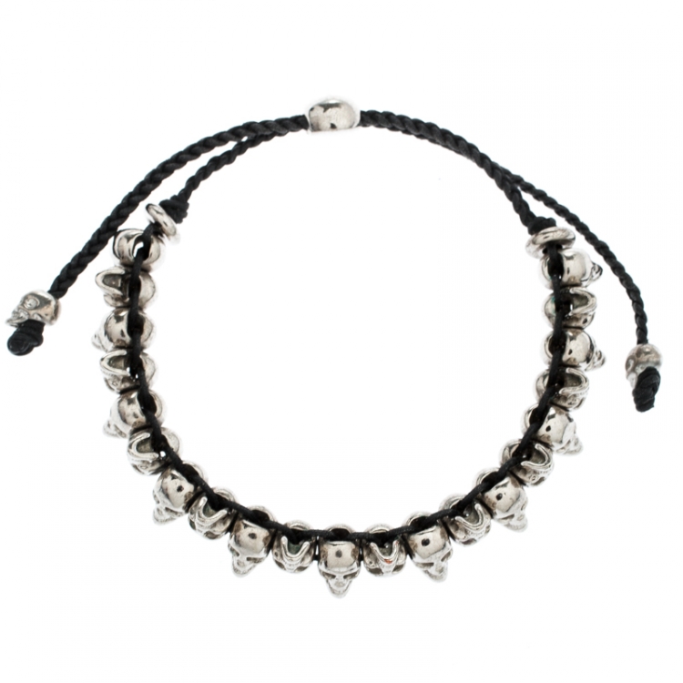 Pre Owned Alexander McQueen Multiskull Silver Tone Cord Bracelet
