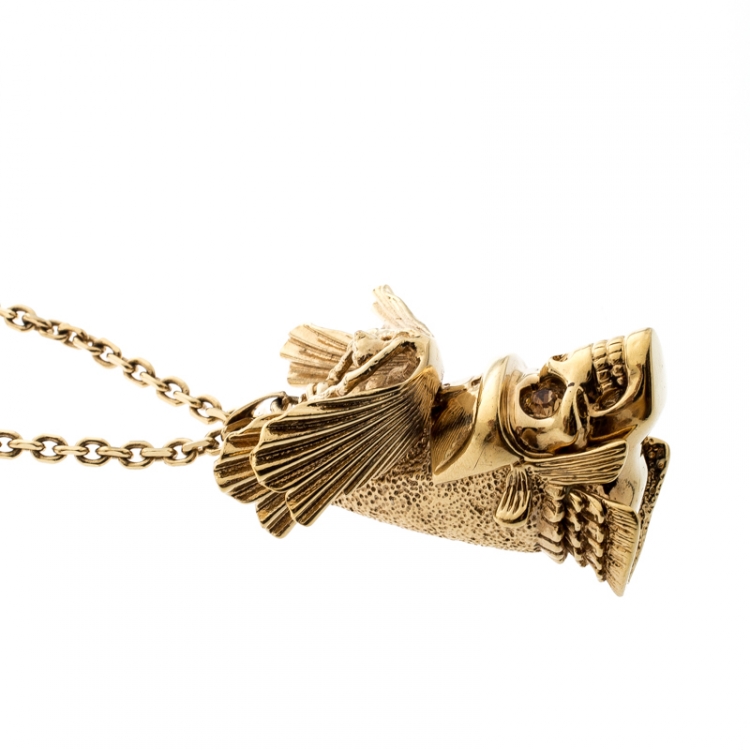 Pre Owned Alexander McQueen Oriental Samurai Skull Crystal Studded Gold Tone Necklace