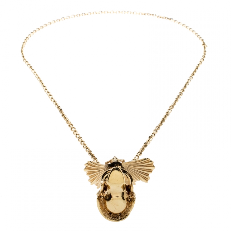 Pre Owned Alexander McQueen Oriental Samurai Skull Crystal Studded Gold Tone Necklace