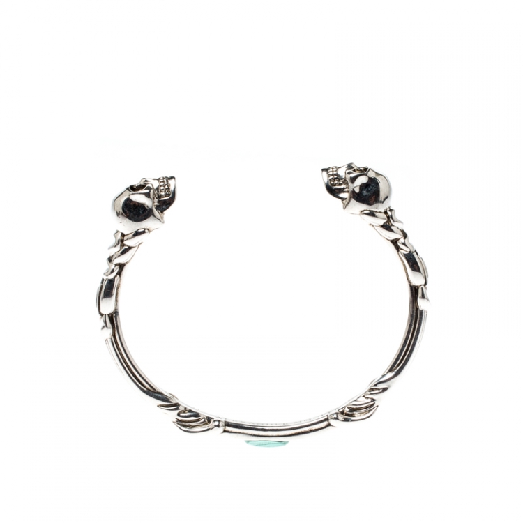 Pre Owned Alexander McQueen Twin Skull Silver Tone Open Cuff Bracelet