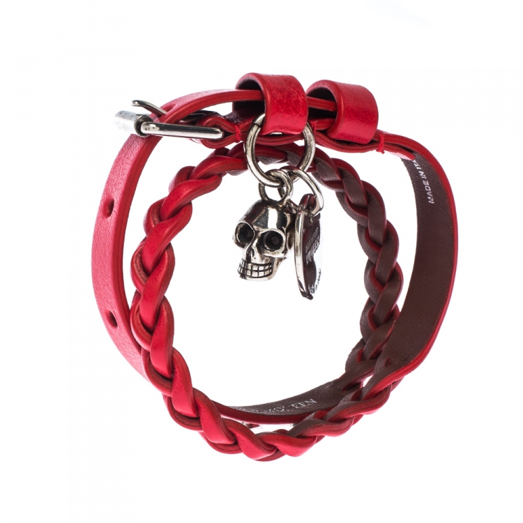 Alexander McQueen Red Double Wrap Skull Charm Leather Bracelet 