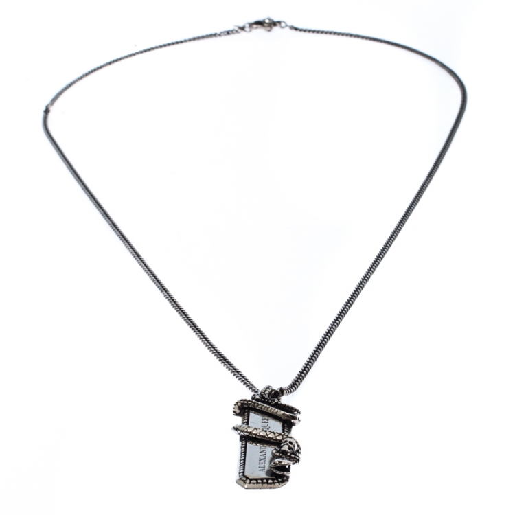 Pre Owned Alexander McQueen Silver Tone Snake Tag Necklace