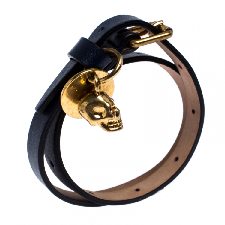 Pre Owned Alexander McQueen Skull Charm Navy Blue Leather Wrap Bracelet