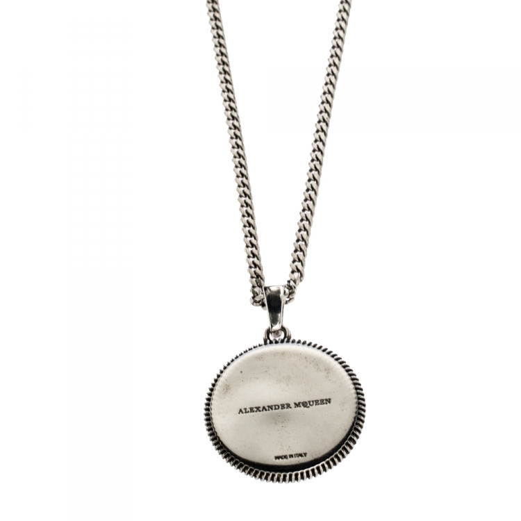 Pre Owned Alexander McQueen Crow & Skull Motif Medallion Silver Tone Long Necklace
