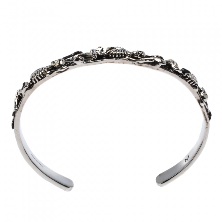 Pre Owned Alexander McQueen Dancing Skeleton Silver Tone Open Cuff Bracelet M