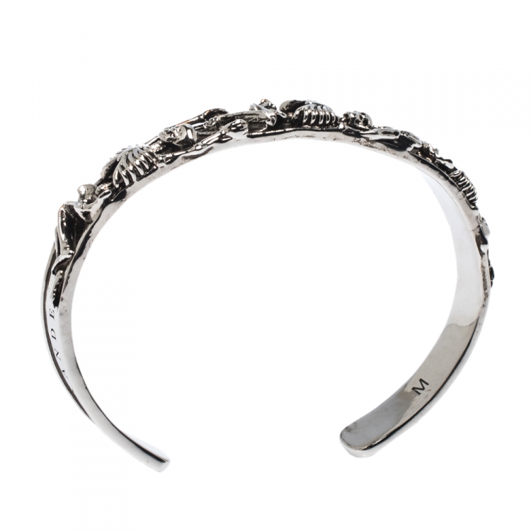 Pre Owned Alexander McQueen Dancing Skeleton Silver Tone Open Cuff Bracelet M