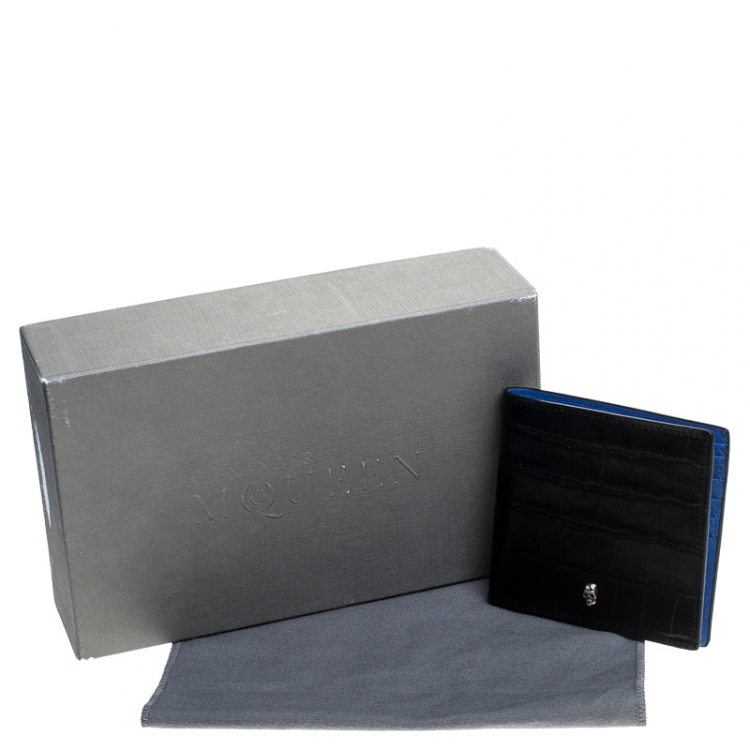 Pre Owned Alexander McQueen Black Croc Embossed Leather Bi Fold Wallet
