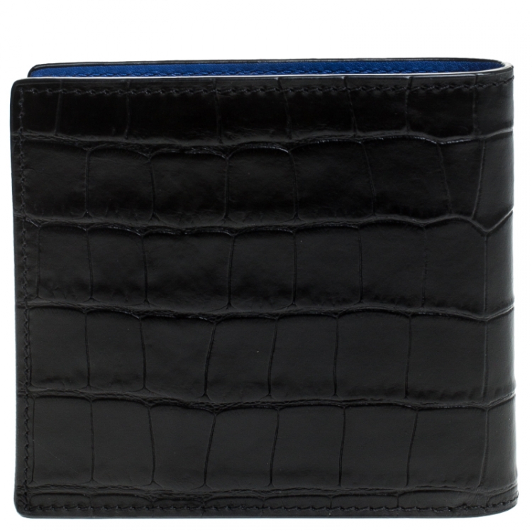 Pre Owned Alexander McQueen Black Croc Embossed Leather Bi Fold Wallet