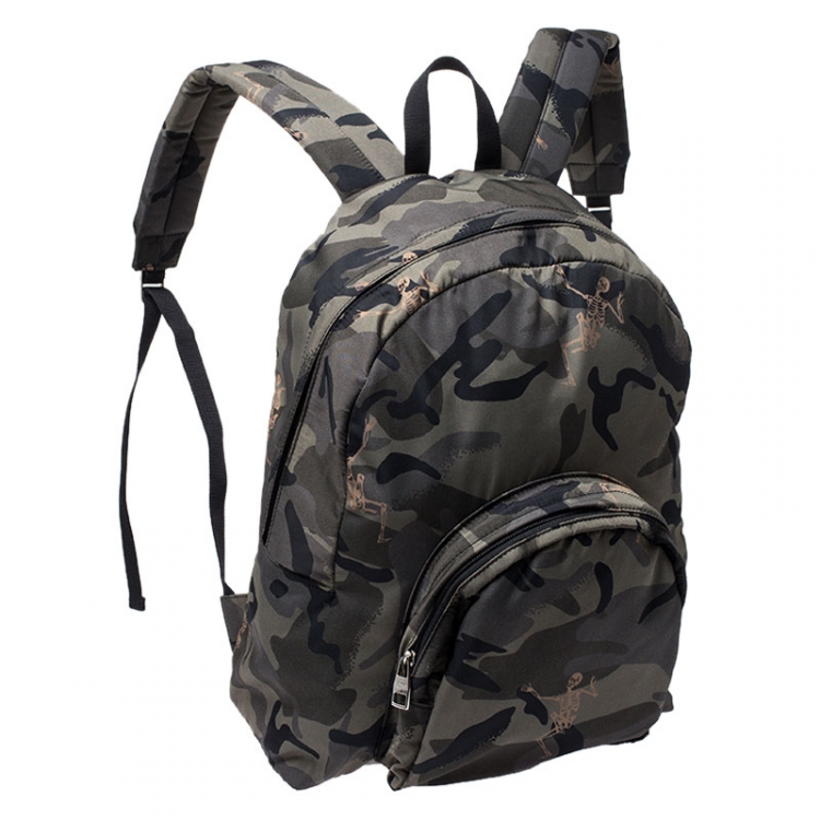 Pre Owned Alexander McQueen Green Camouflage Nylon Dancing Skeleton Backpack 