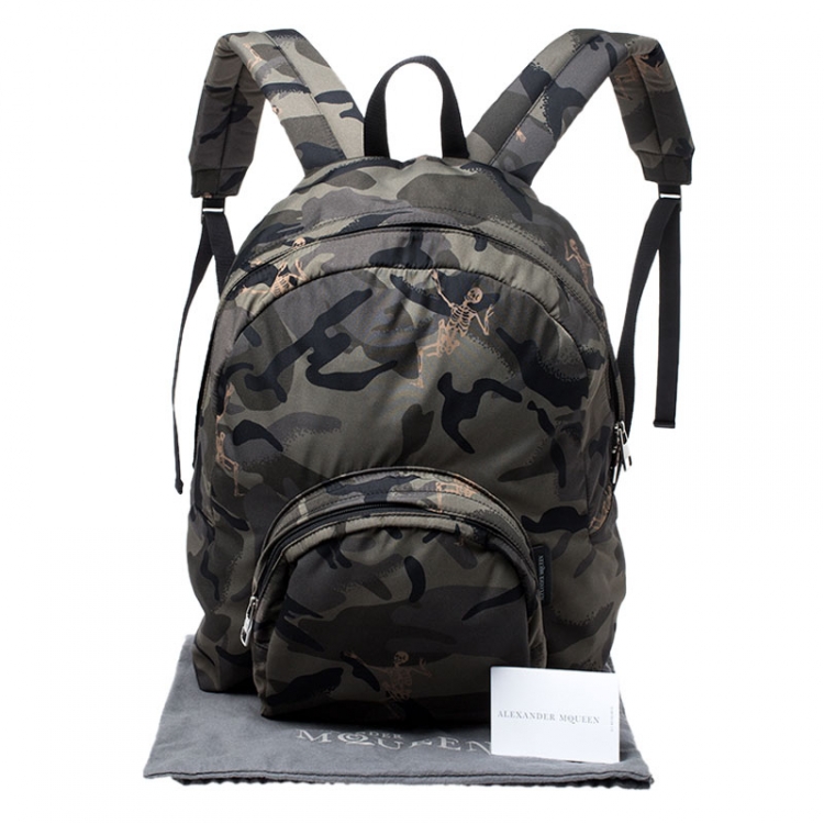 Pre Owned Alexander McQueen Green Camouflage Nylon Dancing Skeleton Backpack 