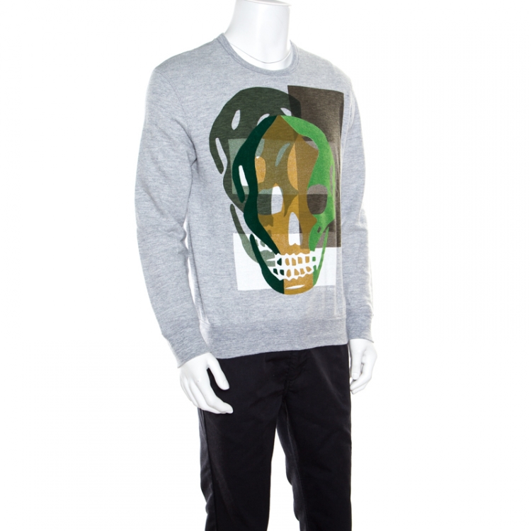 Pre Owned Alexander McQueen Grey Flocked Skull Print Sweatshirt L