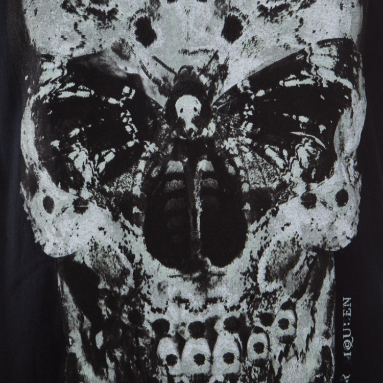 Pre Owned Alexander McQueen Black Cotton Moth Printed Skull T-Shirt L