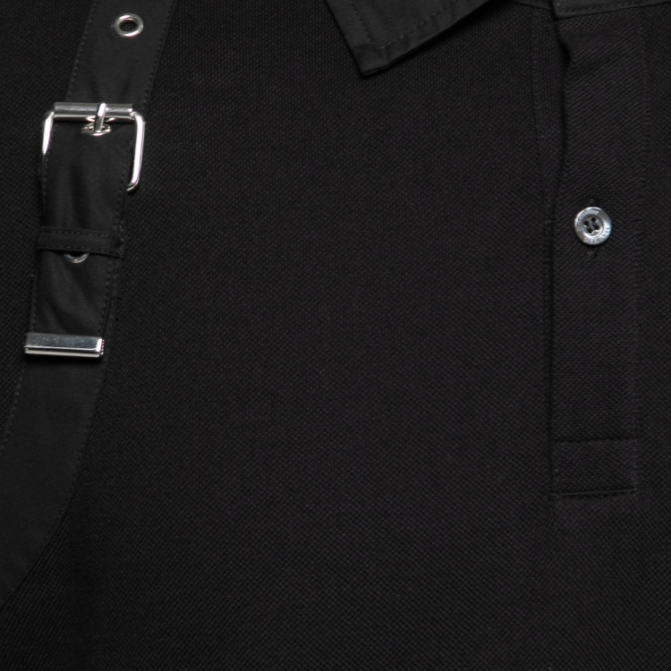 Pre Owned Alexander McQueen Black Cotton Pique Harness Appliqued Polo T-Shirt XXL