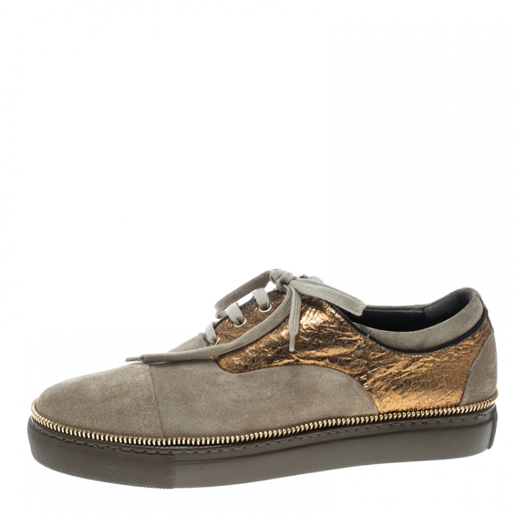 Pre Owned Alexander Mcqueen Khaki/Gold Suede and Leather Chain Embellished Sneakers Size 41