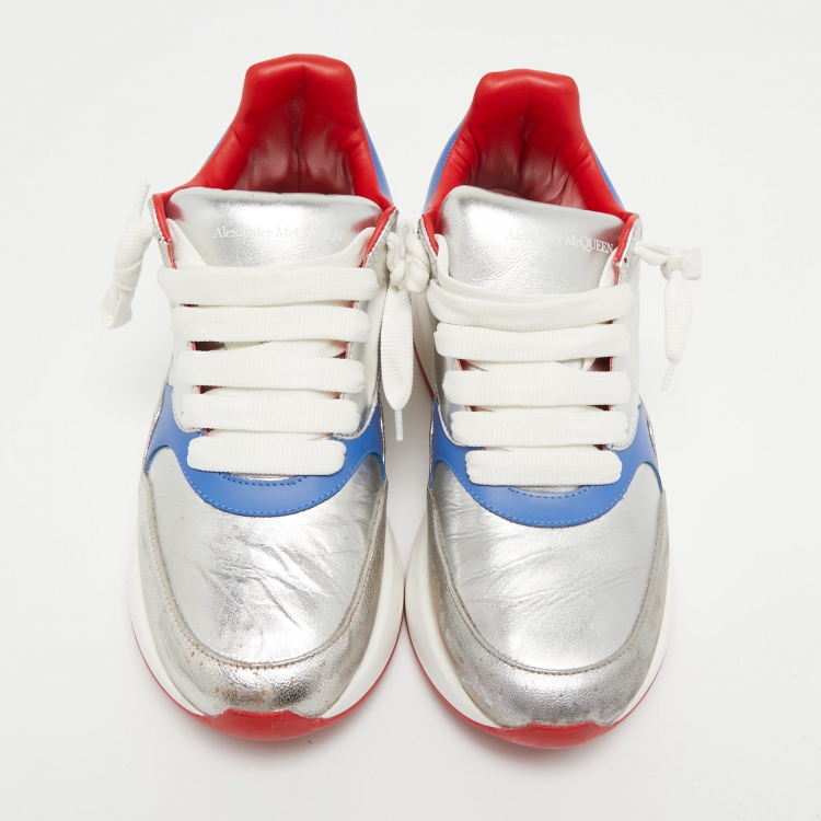 Pre Owned Alexander McQueen Silver/Blue Leather Oversized Sneakers Size 40