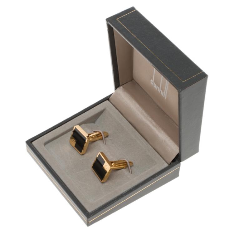 Pre Owned Dunhill Black Lacquer Gold Plated Cufflinks