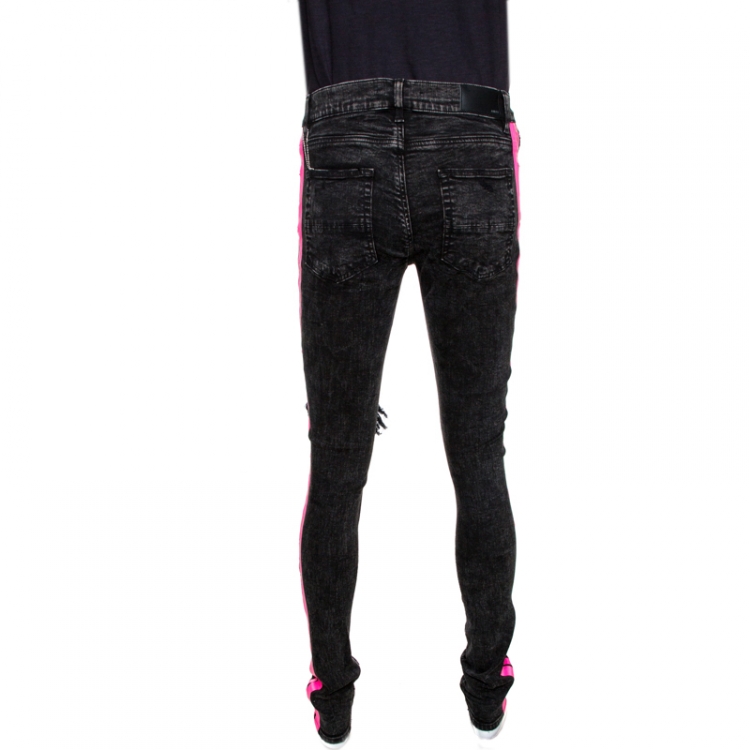 Pre Owned Amiri Black & Neon Pink Acid Wash Denim Broken Track Jeans M
