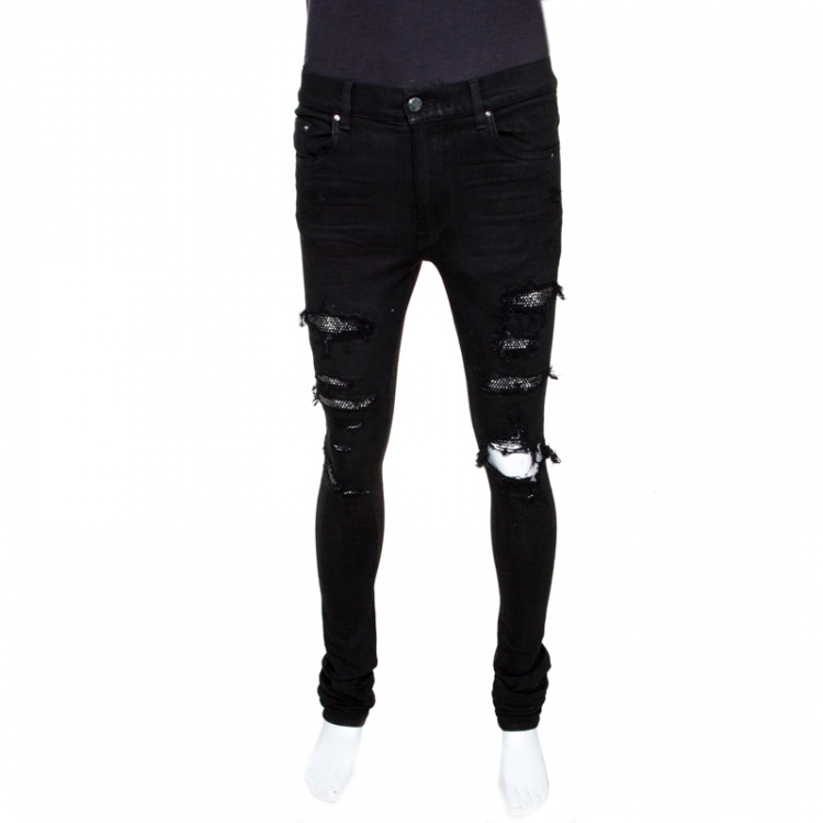 Amiri Black Distressed Denim Crystal Patch Jeans M Amiri | The Luxury ...