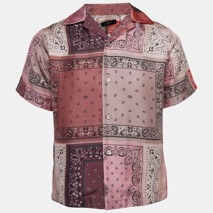 Pre Owned Amiri Pink Bandana Reconstructed Silk Short Sleeve Shirt XS
