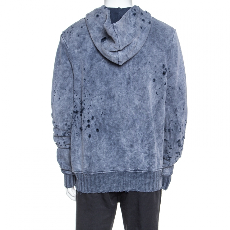 Pre Owned Amiri Blue Bleached Effect Knit Distressed Zip Front Shotgun Hoodie L