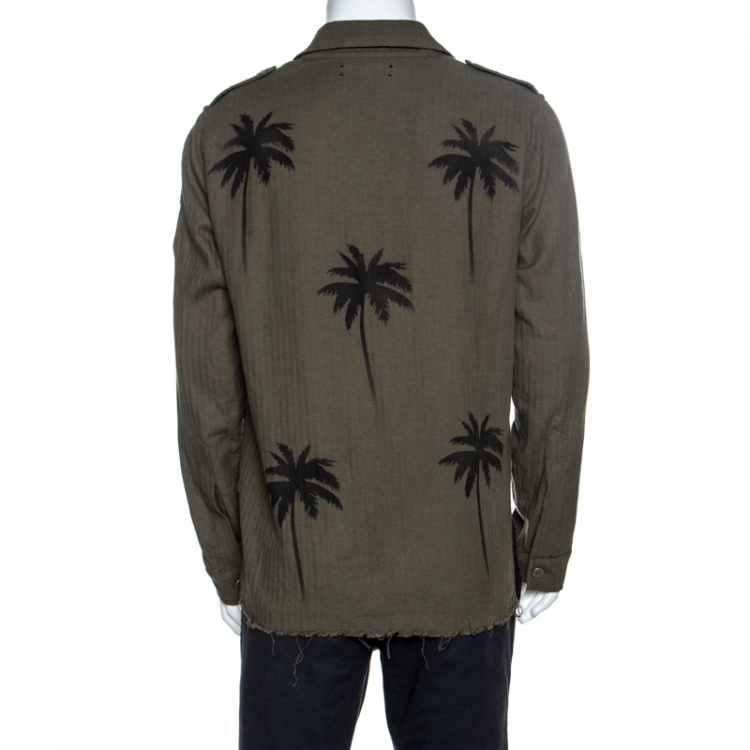 Pre Owned Amiri Khaki Green Palm Tree Print Cotton Applique Detail Distressed Shirt L