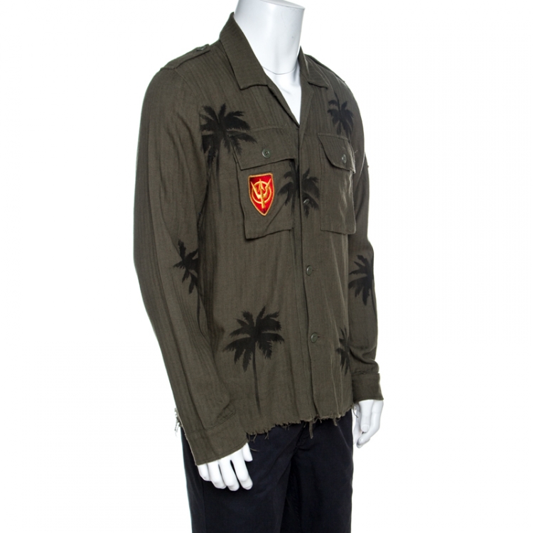 Pre Owned Amiri Khaki Green Palm Tree Print Cotton Applique Detail Distressed Shirt L