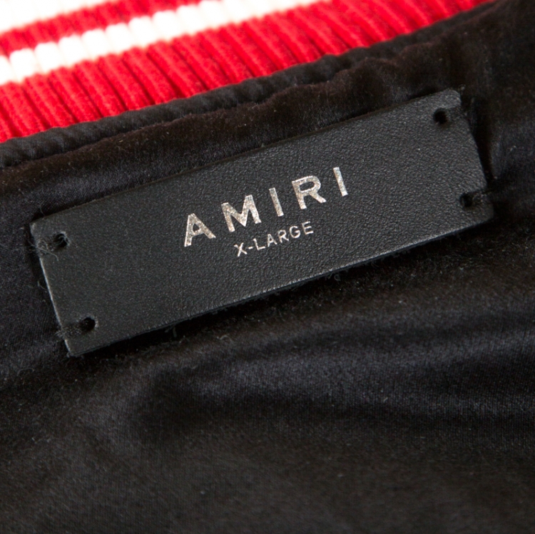 Pre Owned Amiri Blue Silk Leather Trimmed Varsity Bomber Jacket XL