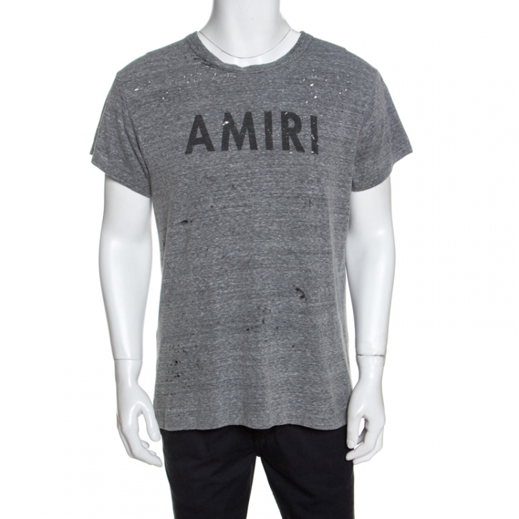 AMIRI Logo T-Shirt Size Small Grey Distressed Jersey Heather Grey