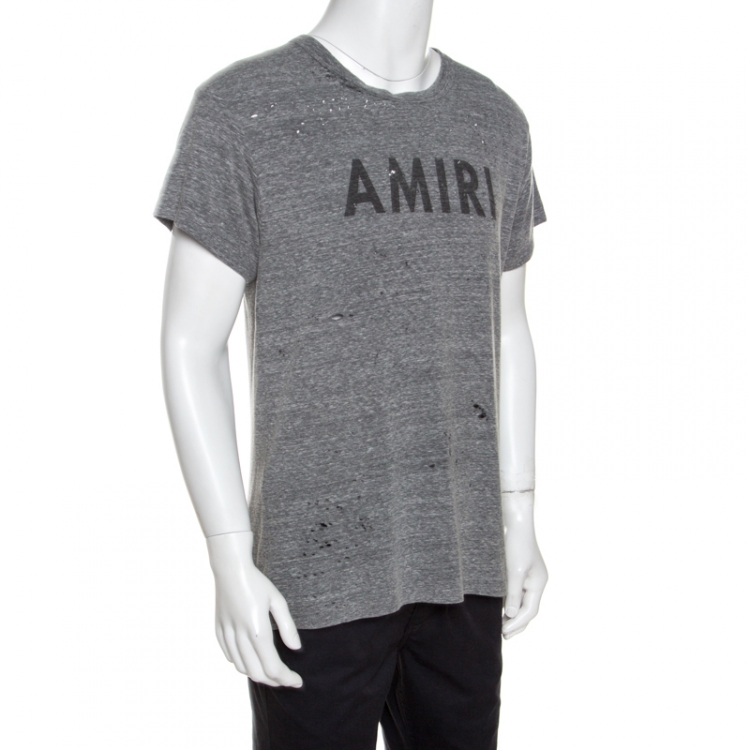 Amiri Grey Logo Print Distressed Cotton T-Shirt M Amiri